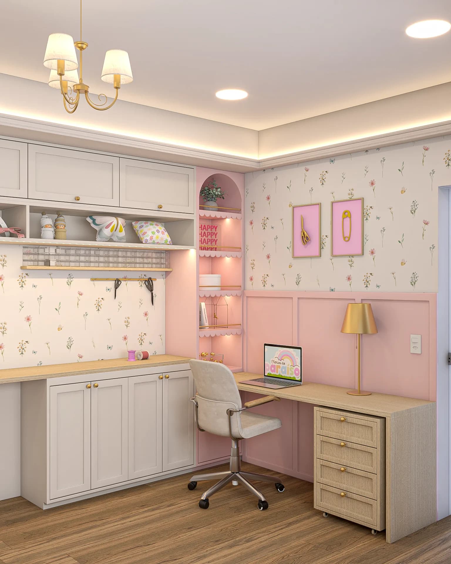 Cantinho de escritório e criação em atelier de costura com bancada de madeira, cadeira giratória clara, parede rosa e nichos iluminados em arco.