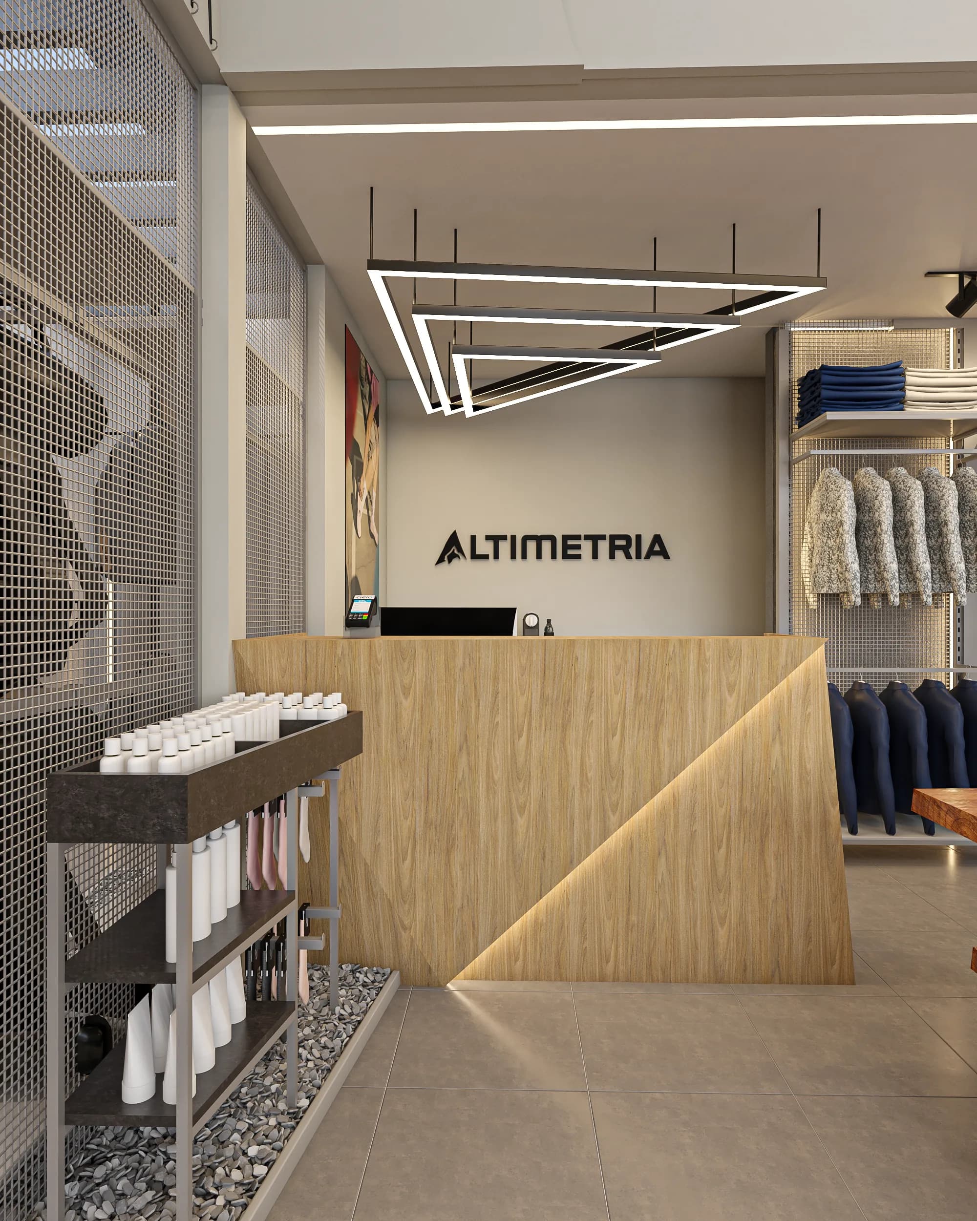 Balcão de atendimento da Altimetria em madeira, com o logotipo da marca na parede.