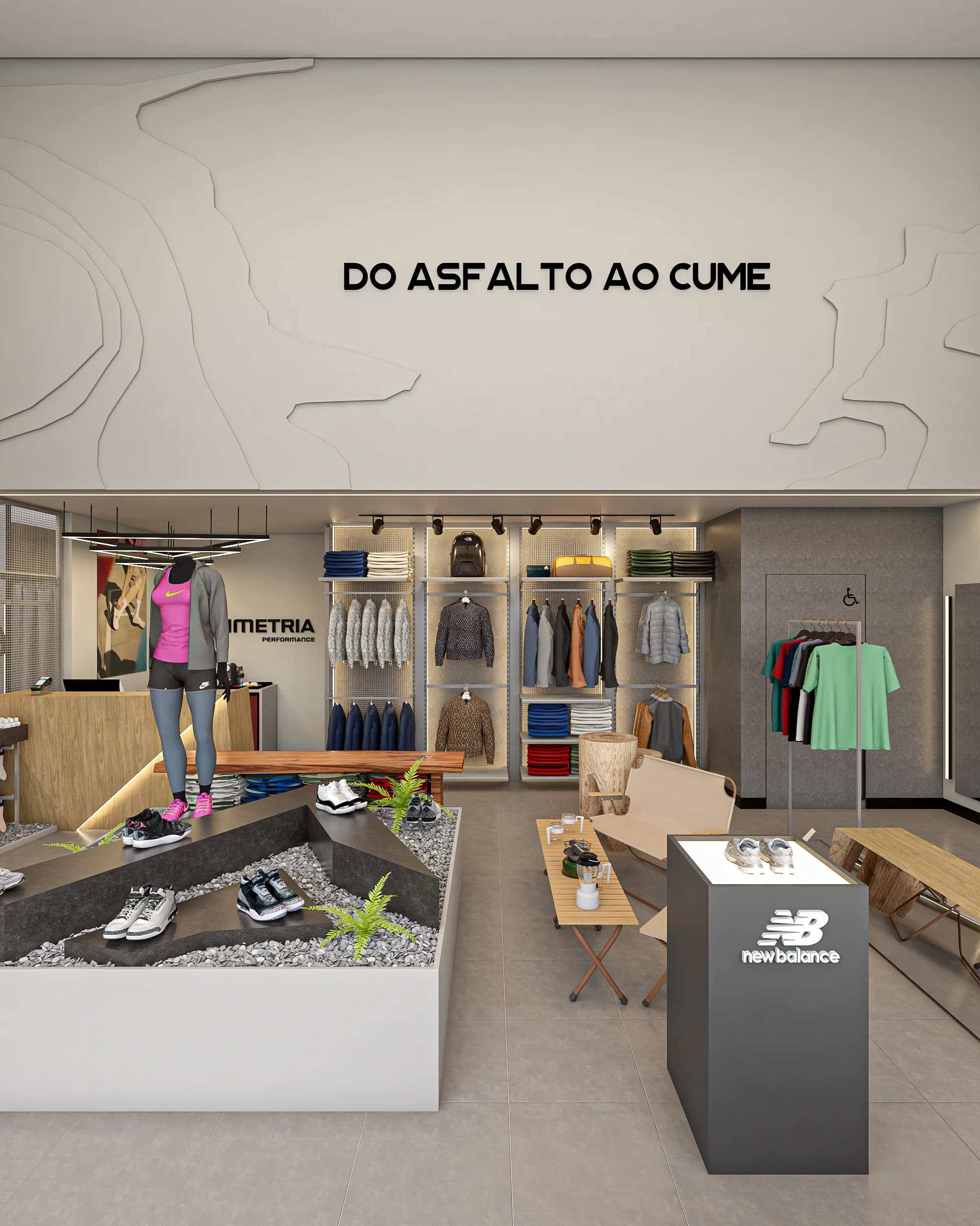 Parede "Do asfalto ao cume" da Altimetria, com relevo de curvas de nível sobre araras de roupas e tênis expostos sobre cascalho.