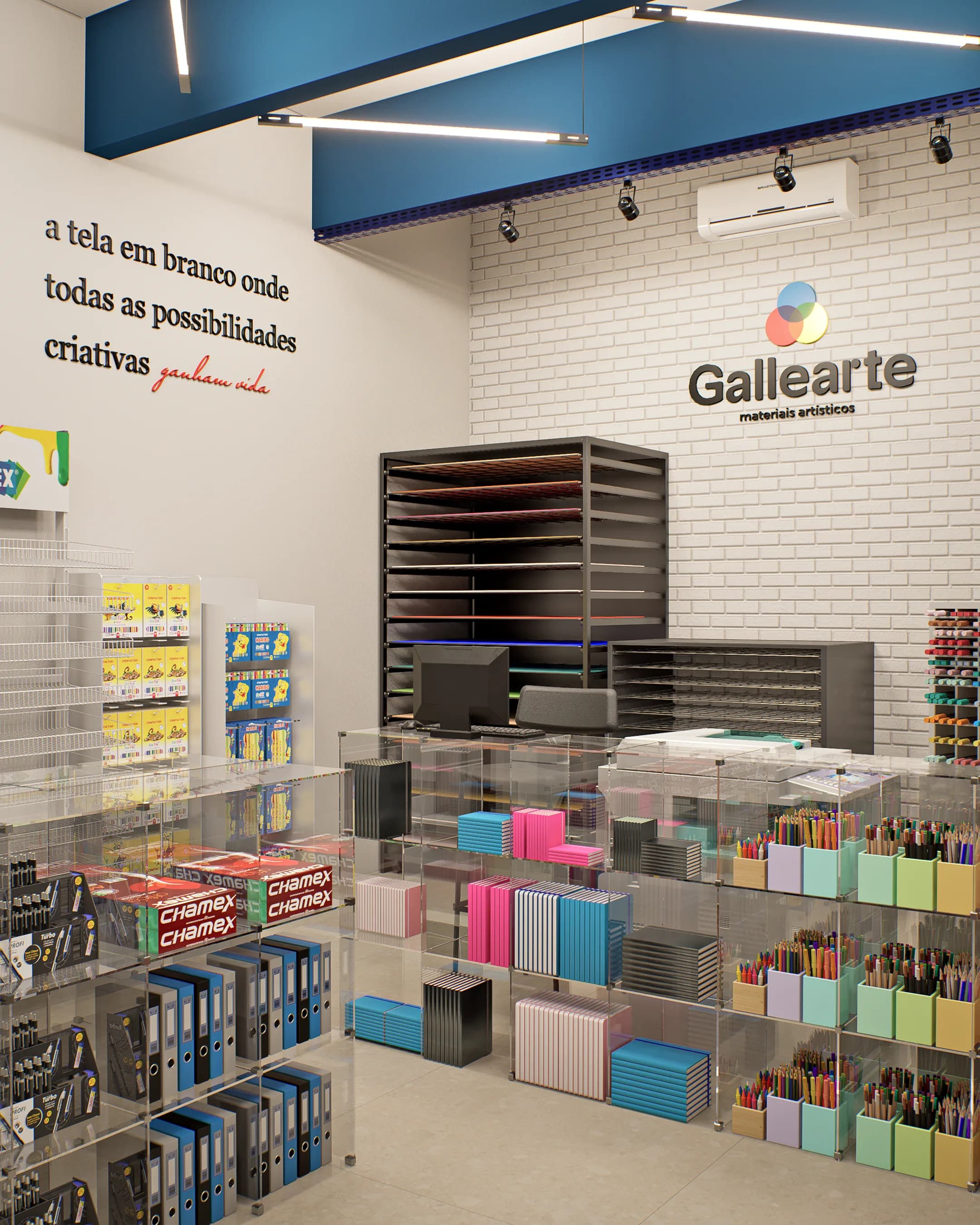 Parede da Gallearte com a frase sobre a tela em branco, o logotipo ao fundo e expositores de acrílico com cadernos, pastas e papéis.