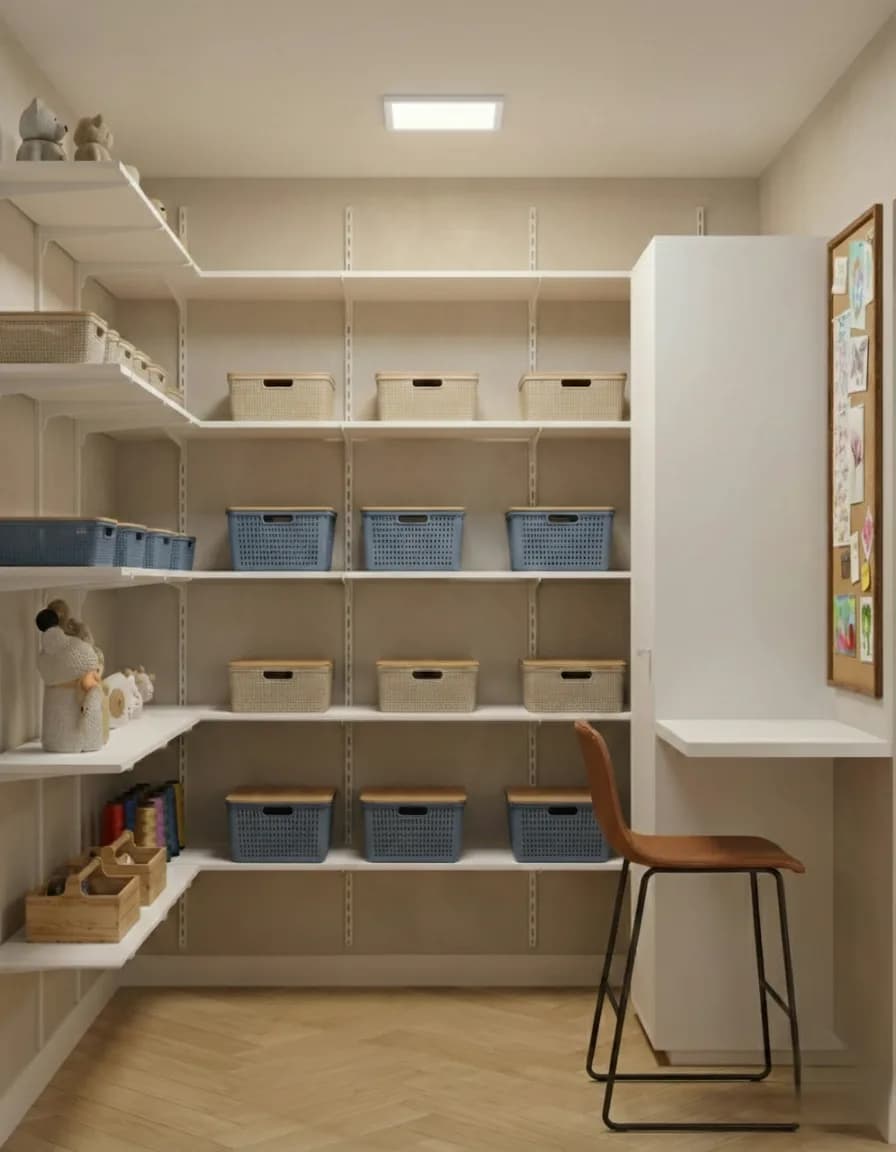 Estoque da Gigi Bambini com prateleiras brancas, caixas organizadoras azuis e bege e uma bancada com banqueta.