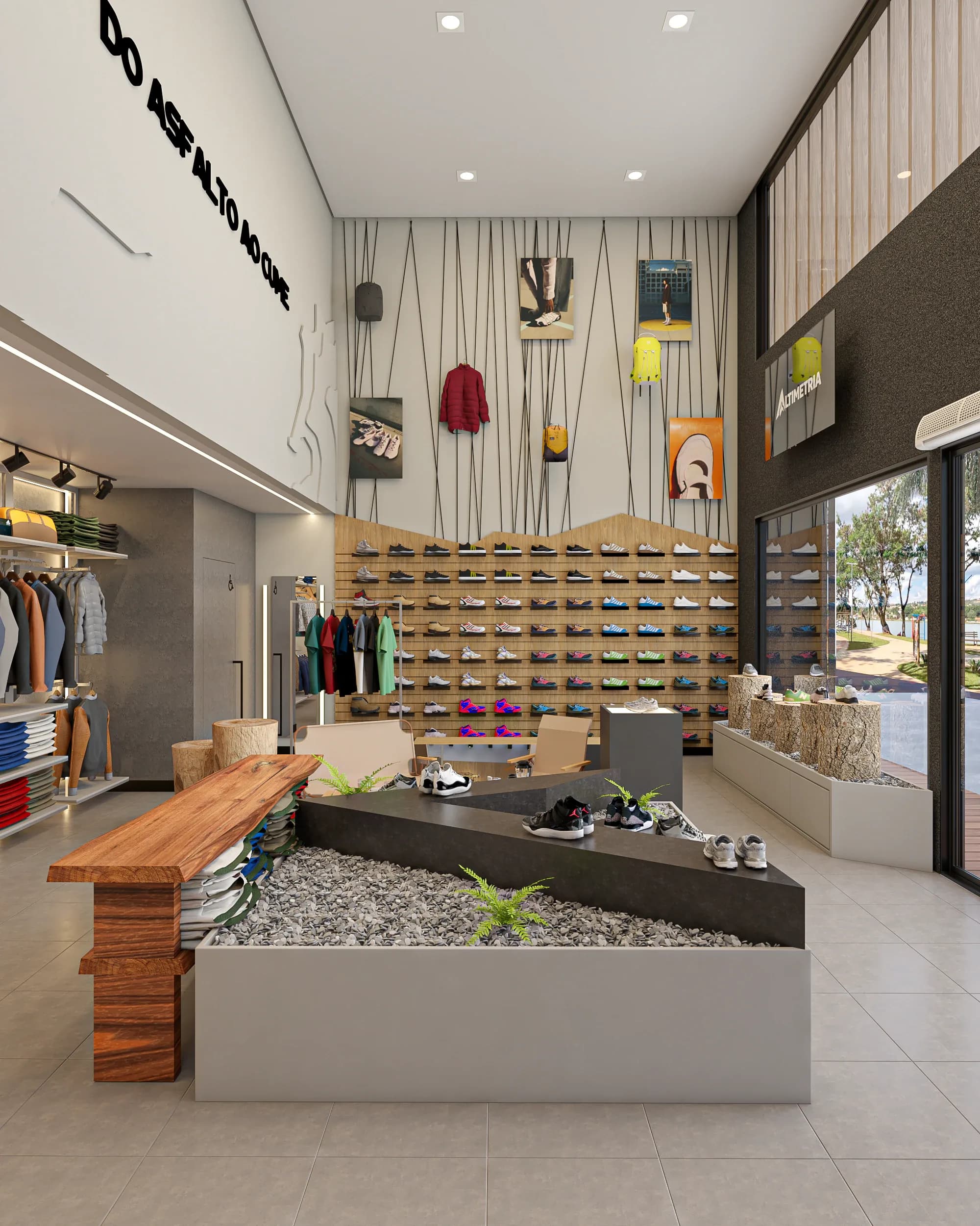 Interior da loja Altimetria, com a parede de tênis e as cordas de escalada no pé direito duplo, projeto da Distinto Arquitetura em Lagoa Santa, MG.
