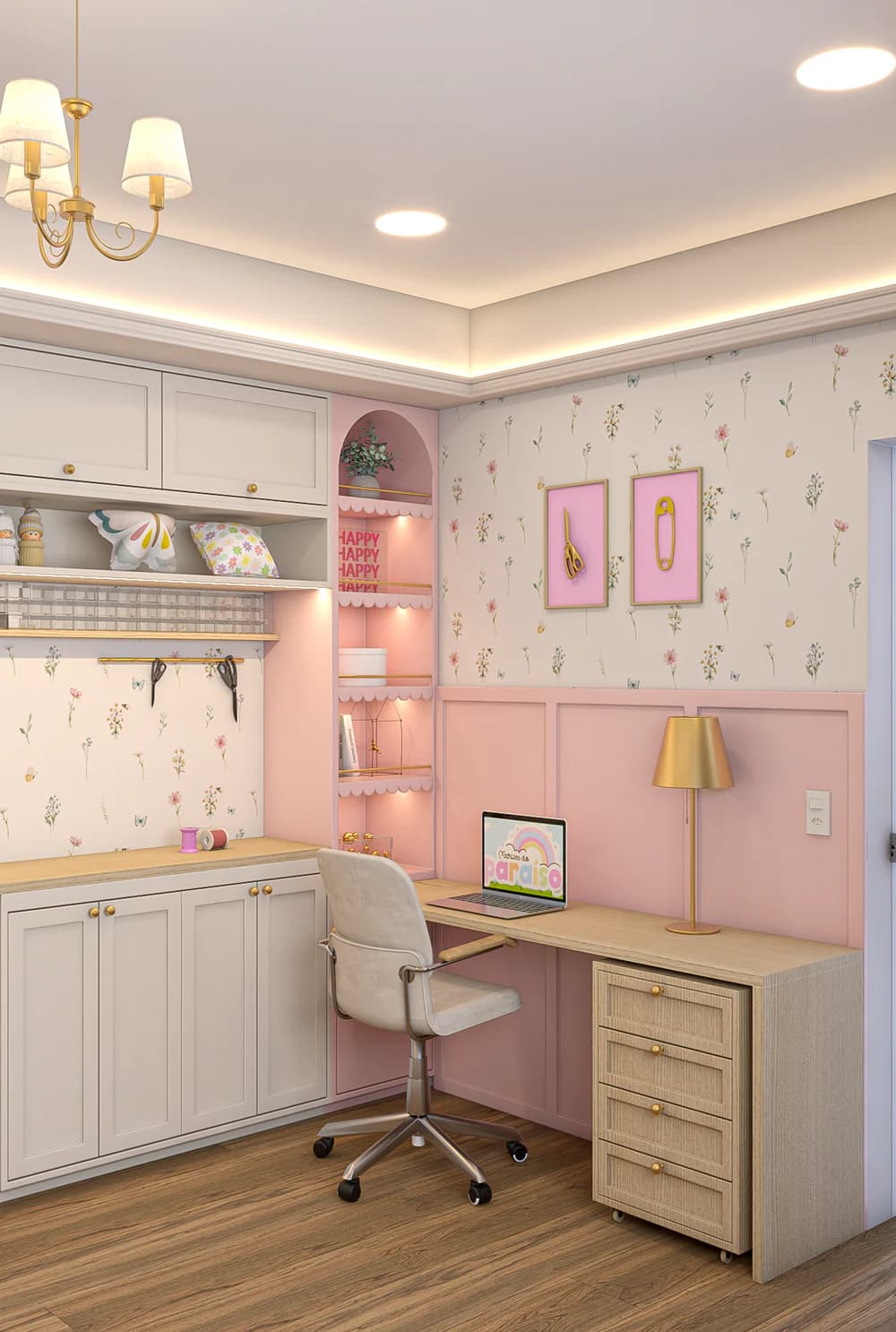 Espaço em tons de rosa, com papel de parede floral, bancada de marcenaria e cadeira branca.